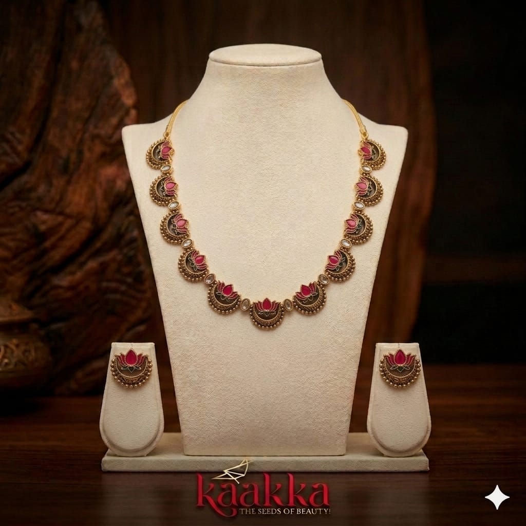 Lotus and Moon Motif Necklace with Earrings - SN03