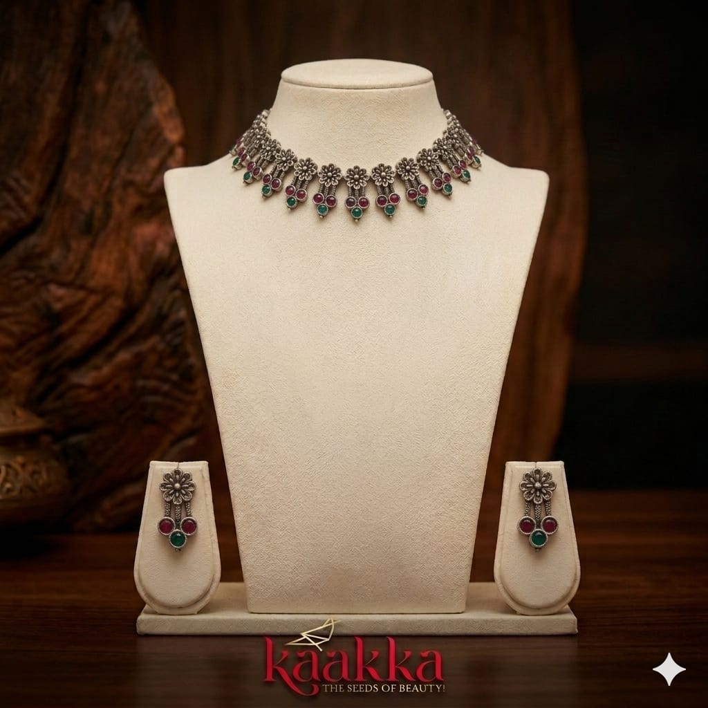 Floral and Drop Design Necklace with Earrings - SN16