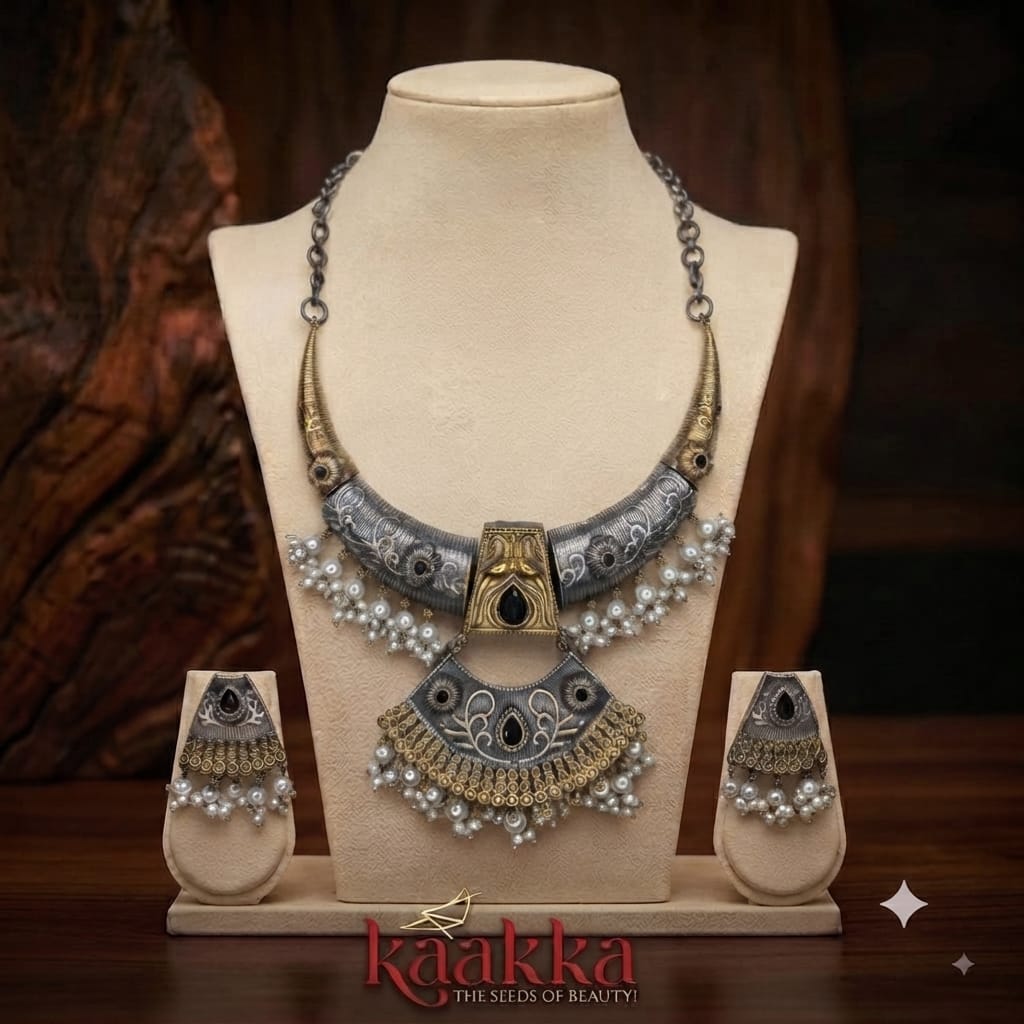 Dual Tone German Silver Oxidised Necklace with Earrings - SN40