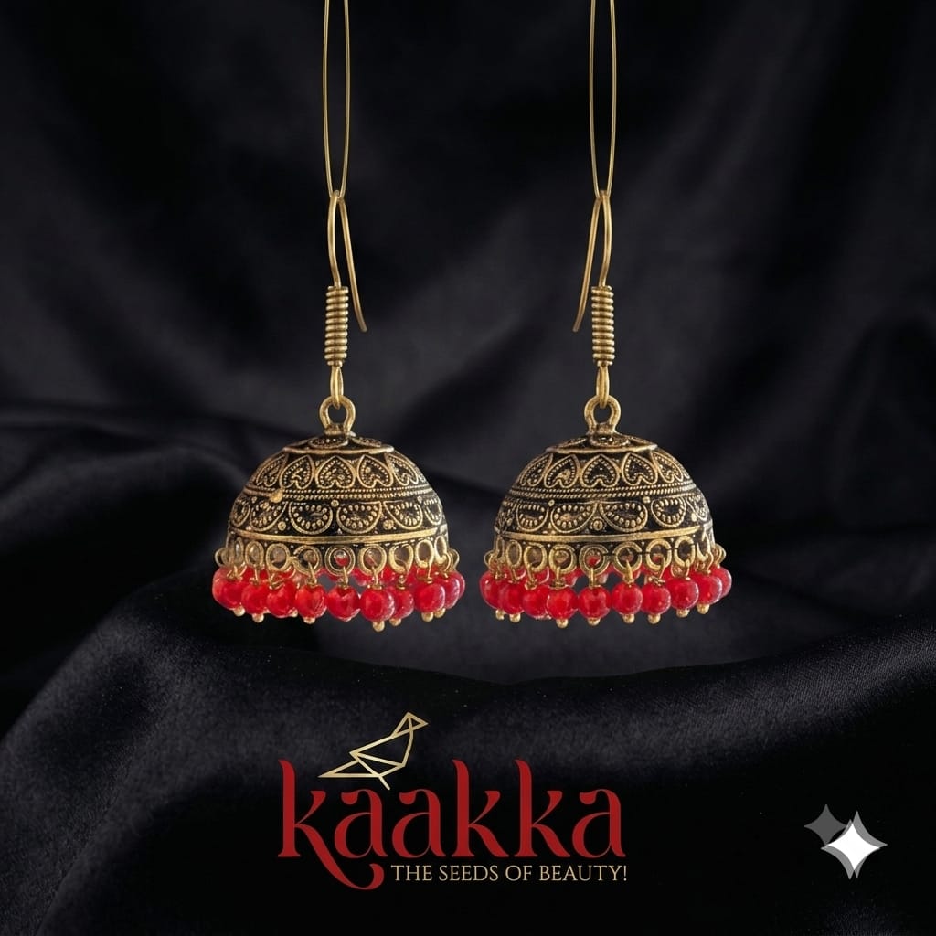 Oxidised Red Drops Heart Jhumka - BE13