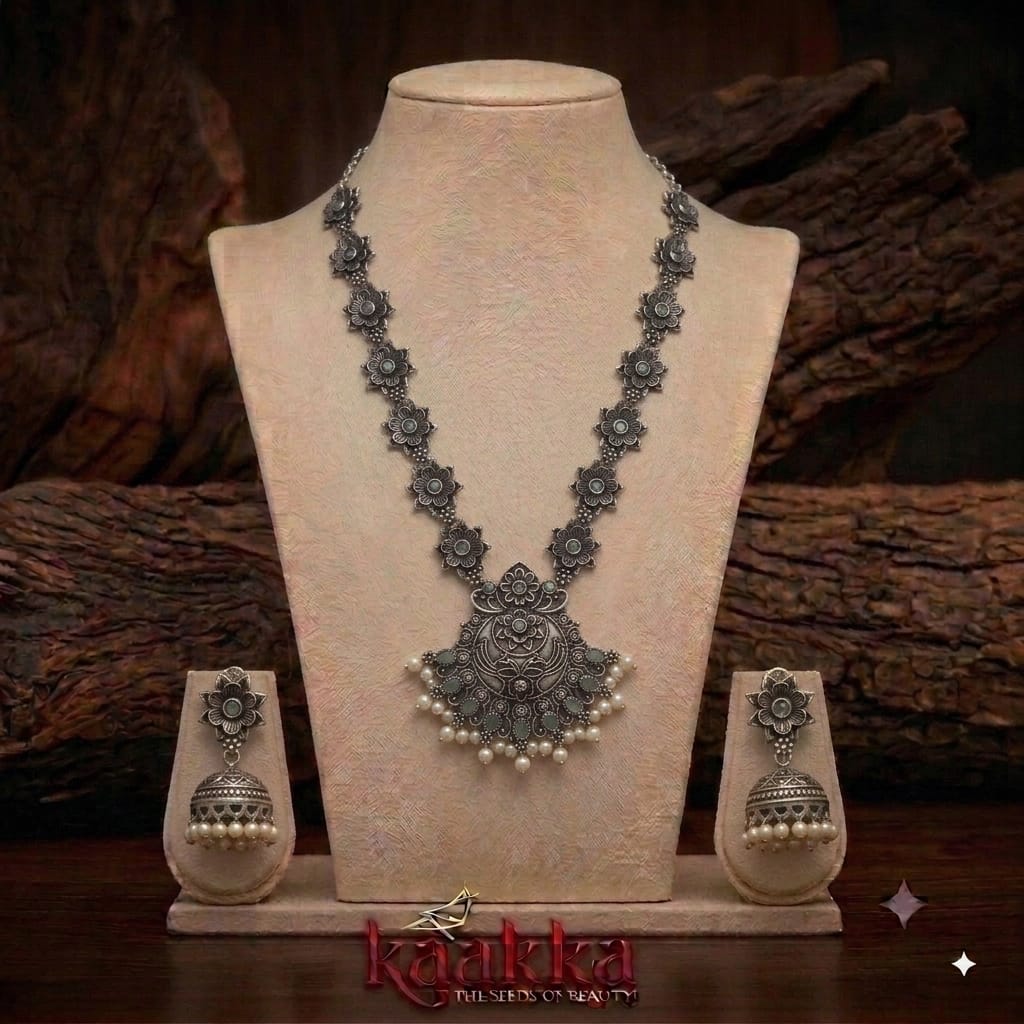 Oxidised Floral Pista Green Necklace with Earrings - SN32