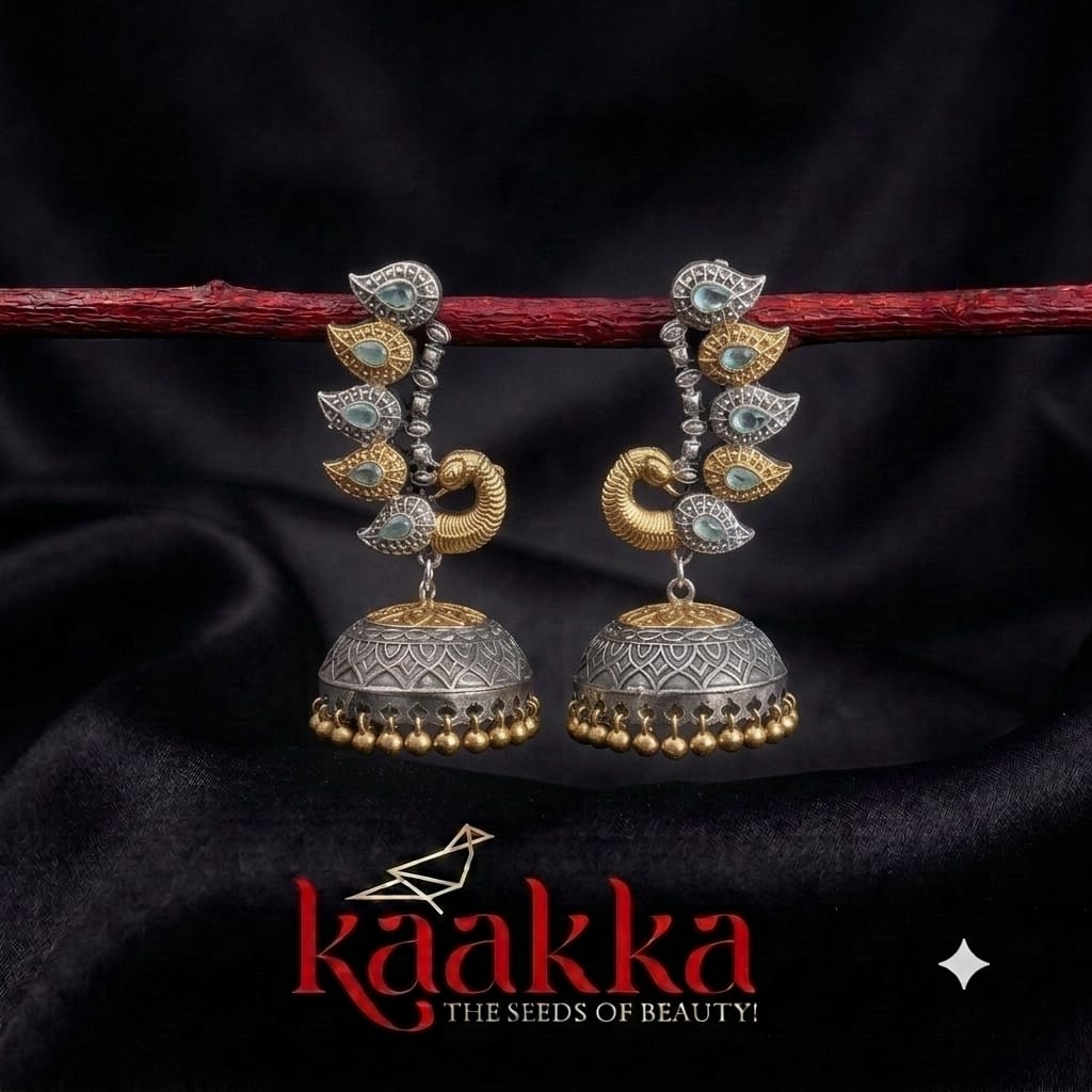 Oxidised Pista Green Kemp Stone Peacock Jhumka- EE12