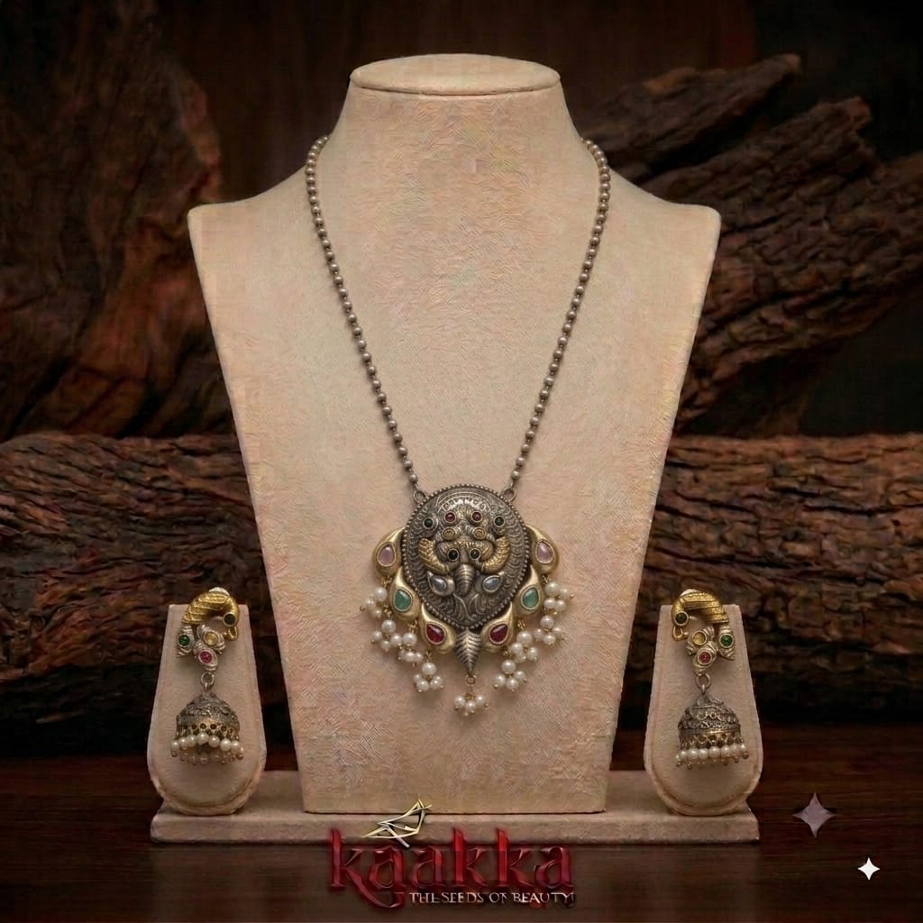 Oxidised Peacock Drop Necklace With Jhumka - LN14