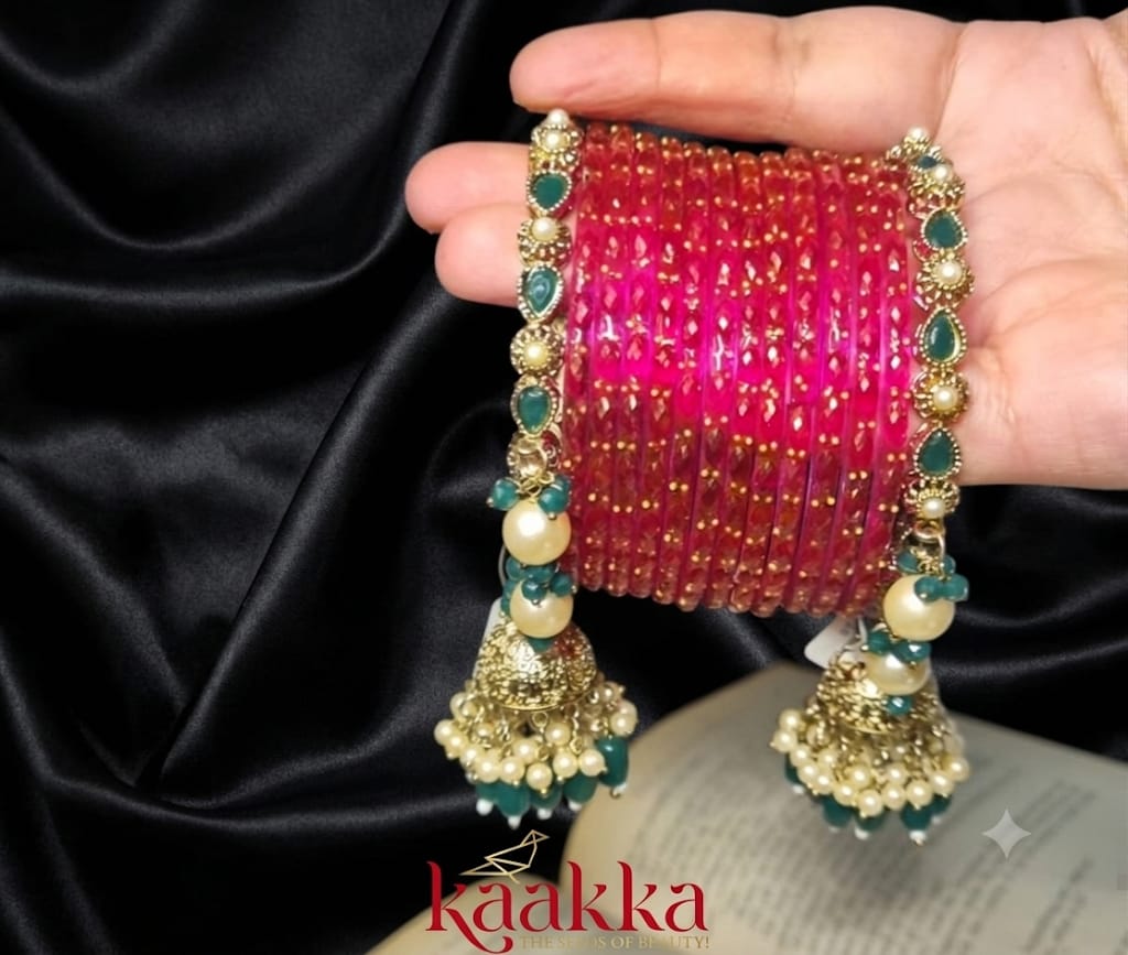Royal Pink Raindrop Bangles with Jhumki Bangle - GG05