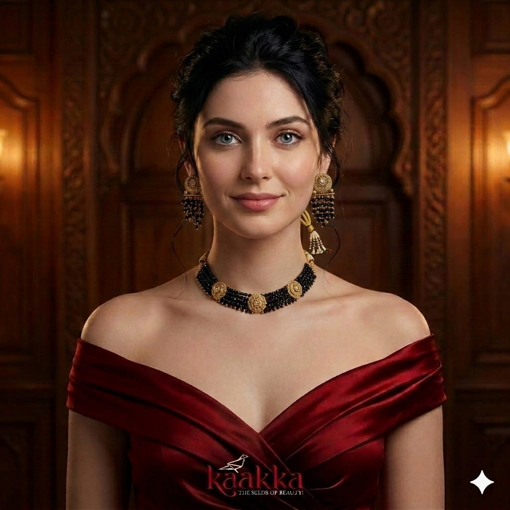 Pearl Black Beads Choker with Earrings - CH02