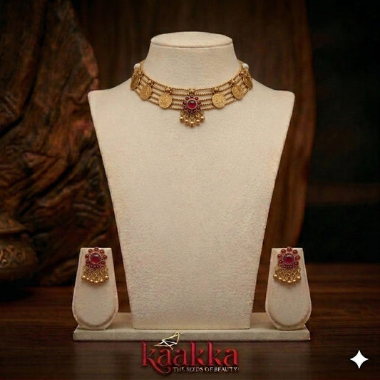 Red Stone Temple Choker with Earrings - CH04