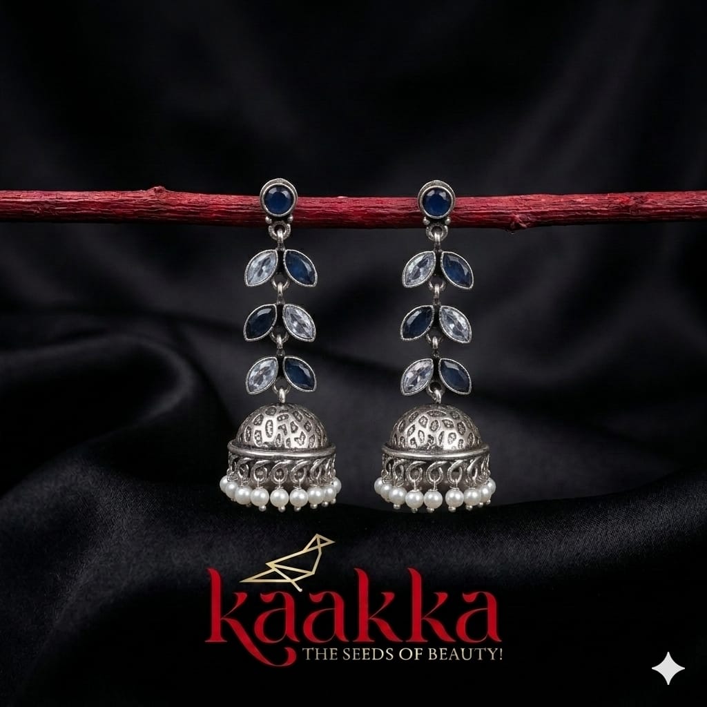 Oxidised blue and white hanging Jhumka - HJ01