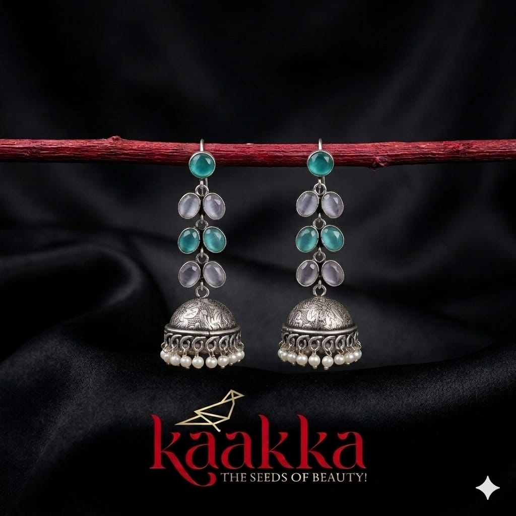 Oxidised pastel green and white hanging Jhumka - HJ02