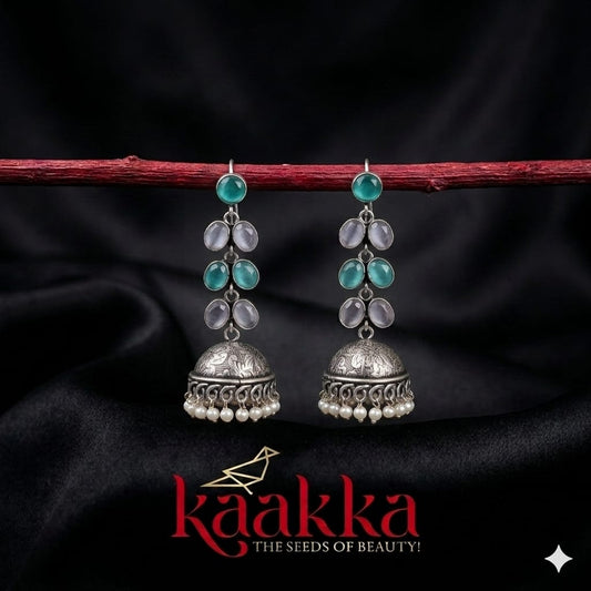 Oxidised pastel green and white hanging Jhumka - HJ02