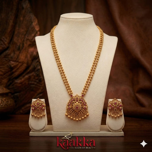 Premium Ruby Stone Long Necklace with Earrings - LN02