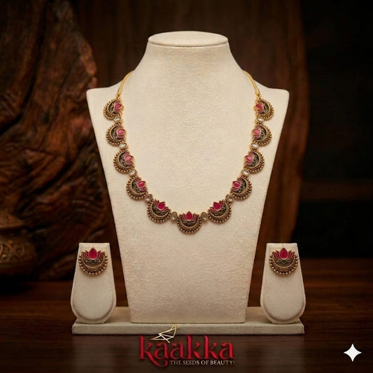 Lotus and Moon Motif Necklace with Earrings - SN03