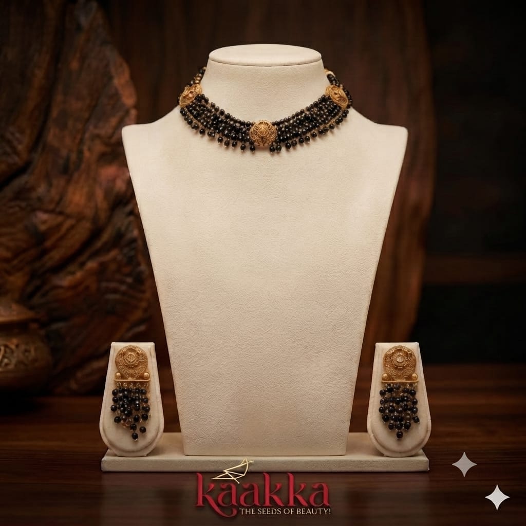 Pearl Black Beads Choker with Earrings - CH02