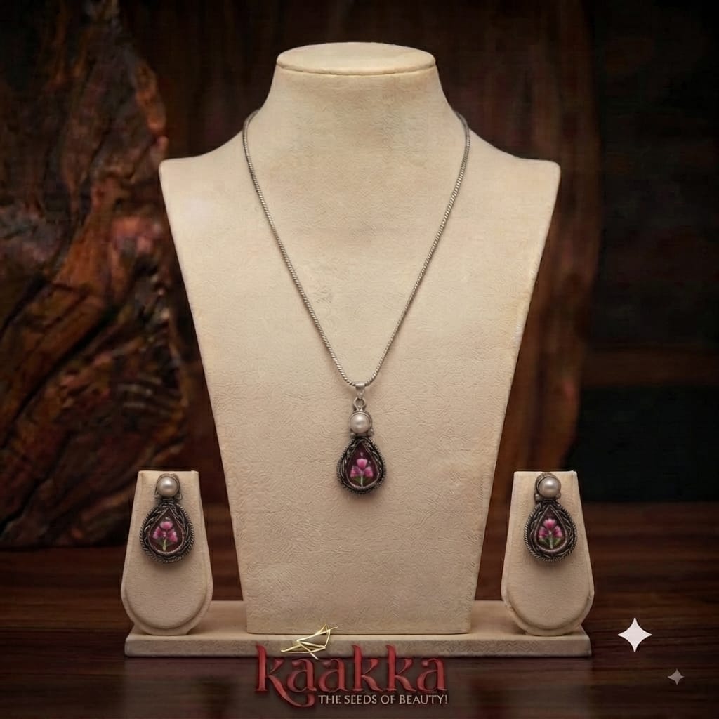 Floral Pink Stone Hand Painted Chain with Earrings - SC07