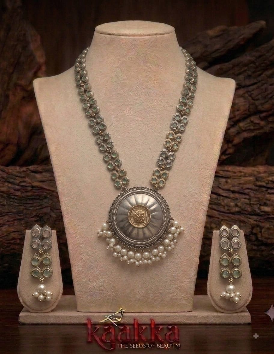 Bloom Dual Tone Oxidised Necklace With Earrings - LN15