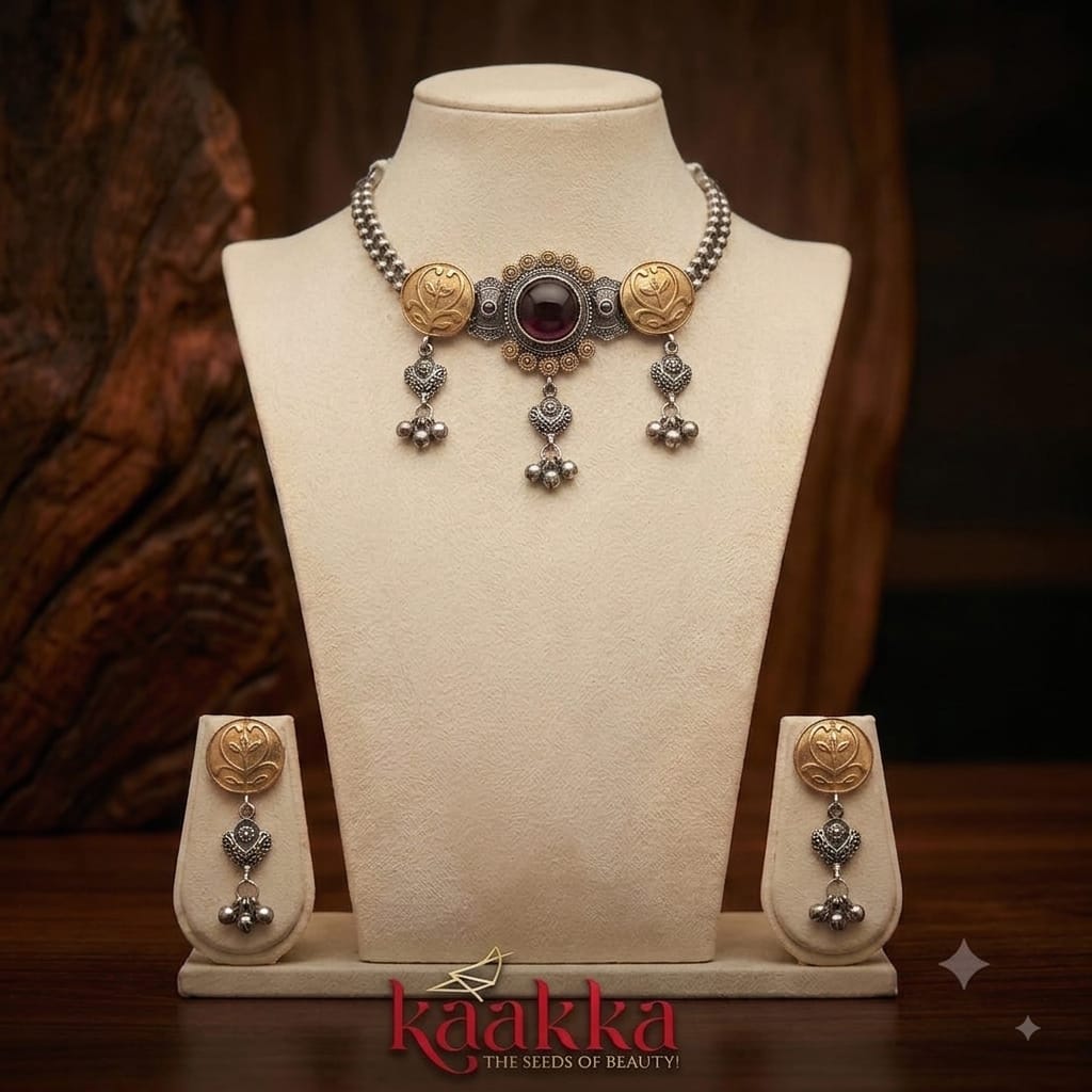 Oxidised Brass Statement Chocker with Earrings(Wine Colour)- CH14