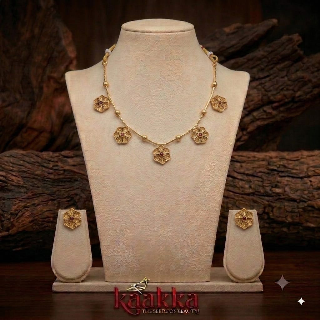 Ruby colour Petals Necklace with Earrings - SN38