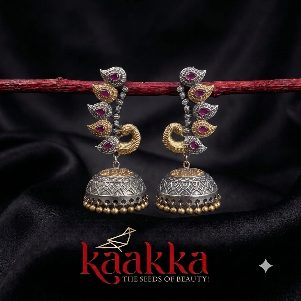 Oxidised Peacock Pink Kemp Stone Jhumka- EE11