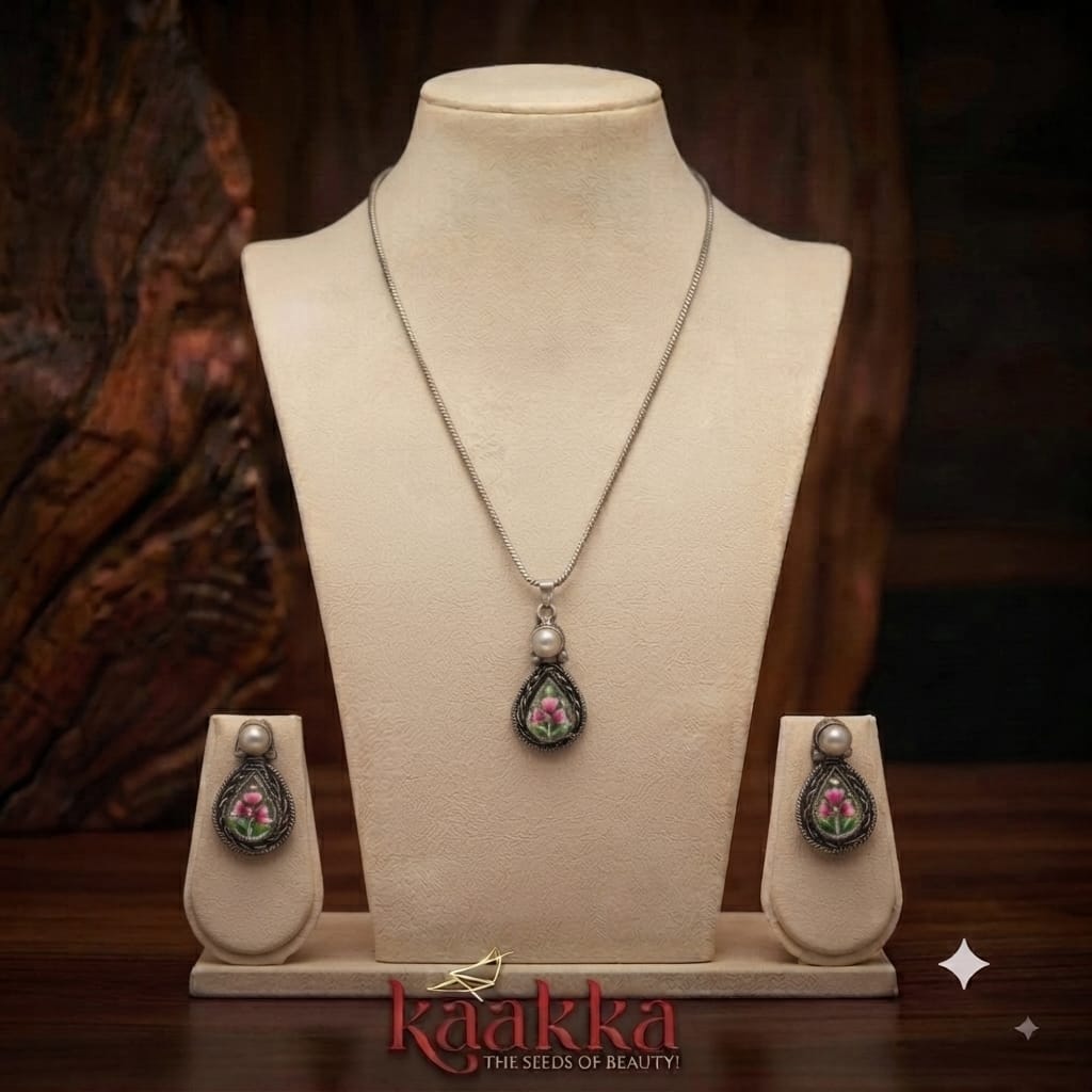 White Stone Hand Painted Chain with Earrings - SC06