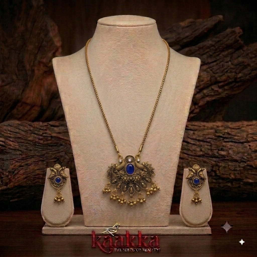 Peacock Blue Drop Necklace With Earrings - LN12