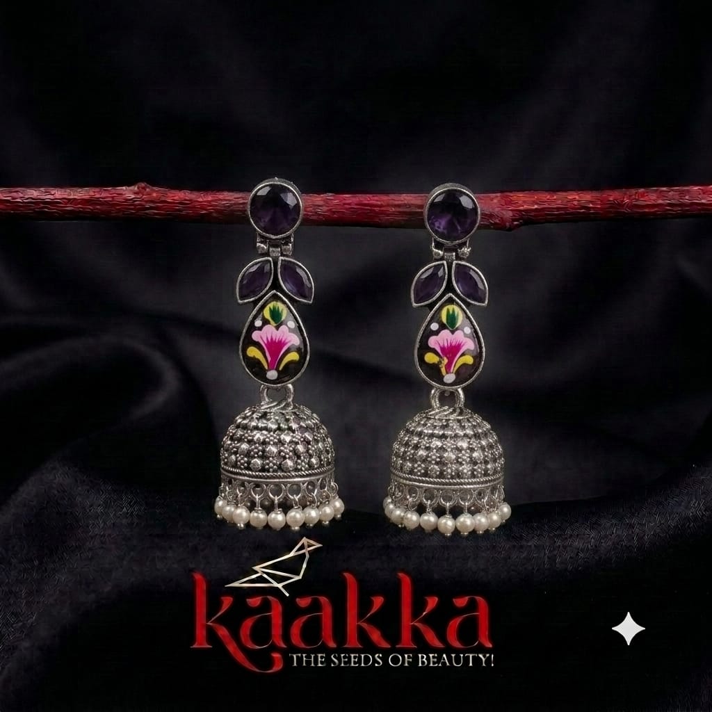 Purple Hand Painted Oxidised Jhumka - HJ14