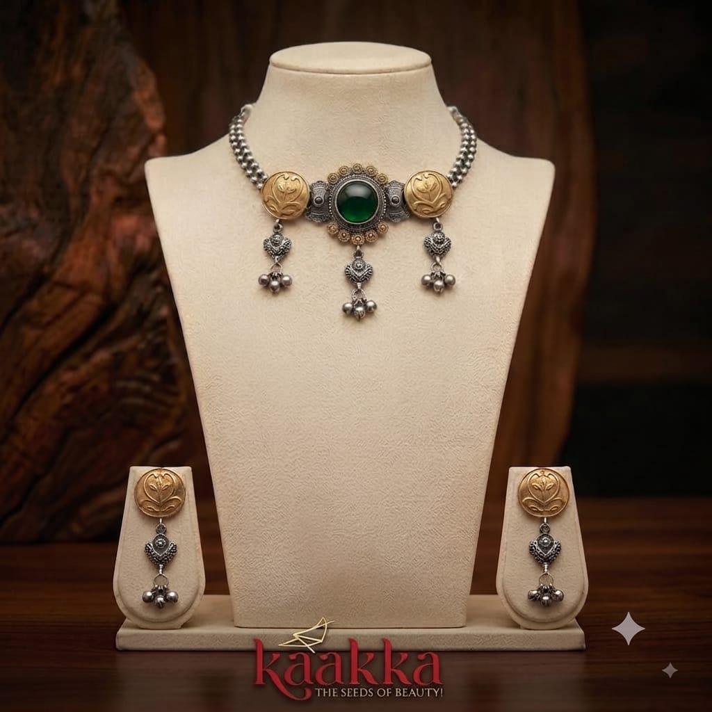 Oxidised Brass Statement Choker with Earrings(Green Stone)- CH15